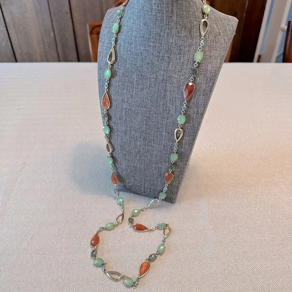 Anne Klein 40" Long Layering Necklace Peach, Green & Turquoise Blue Stations - Picture 4 of 10
